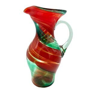 Handblown Art Glass Pitcher Jug Green Red Swirled w/ Applied Handle 8"H X 3.5"W